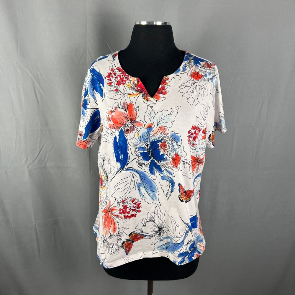 Alfred Dunner Blouse Top Womens Medium Multicolor Floral Cotton Stretch V Neck